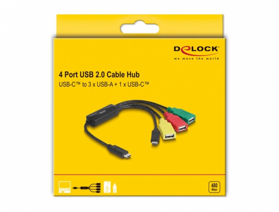 Imagine HUB USB 2.0 type C la 1 x USB type C + 3 x USB-A, Delock 64203