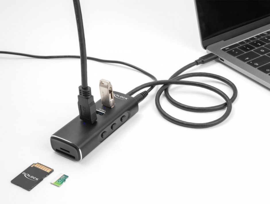 Imagine HUB USB 3.2 Gen2 type C la 3 x USB-A + slot SD/micro SD switch ON/OFF 0.6m, Delock 64234