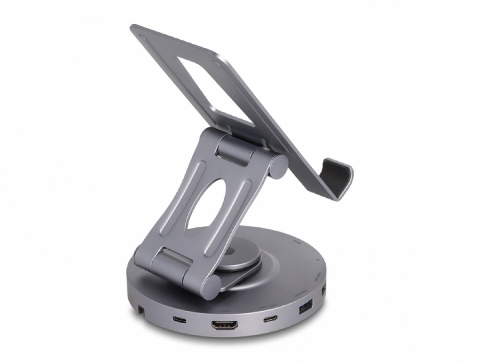 Imagine Docking station USB-C la HDMI 4K60Hz/1xUSB-C+2xUSB-A/SD+MicroSD/PD 60W + suport integrat masa tableta/laptop, Delock 88017