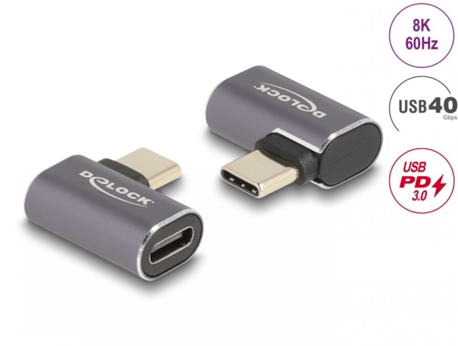 Imagine Adaptor USB 4 type C 8K60Hz/4K144Hz 100W 40Gb T-M unghi stanga/dreapta, Delock 60047