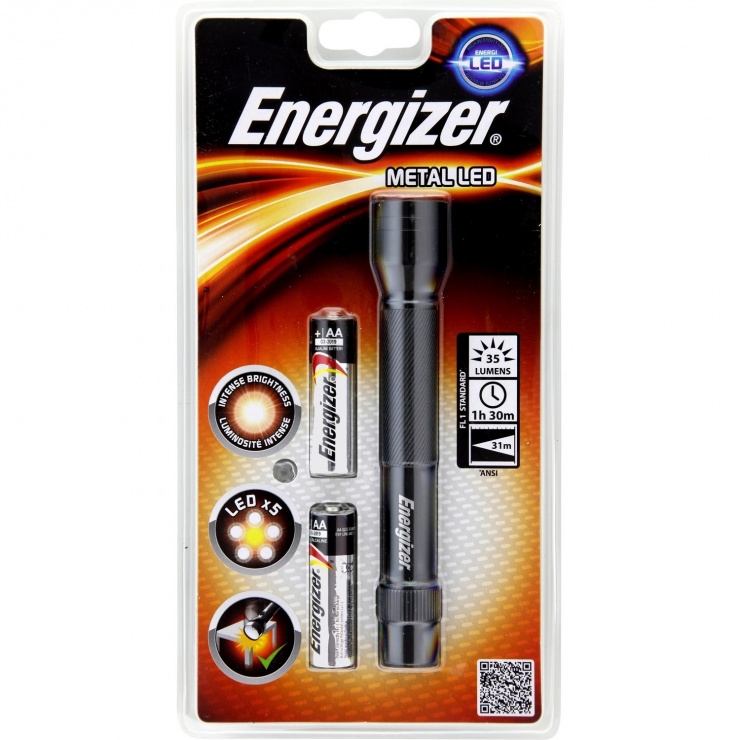 Imagine Lanterna metalica LED + 2 baterii AA, Energizer