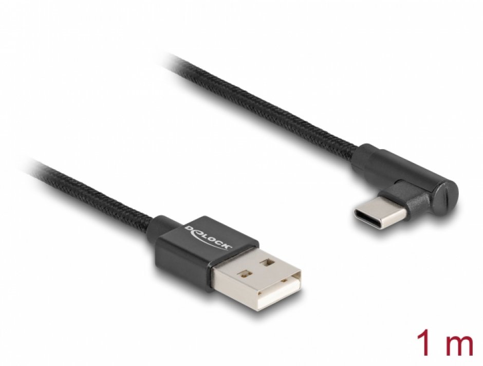 Imagine Cablu USB 2.0-A la USB type C unghi T-T 1m brodat Negru, Delock 80030