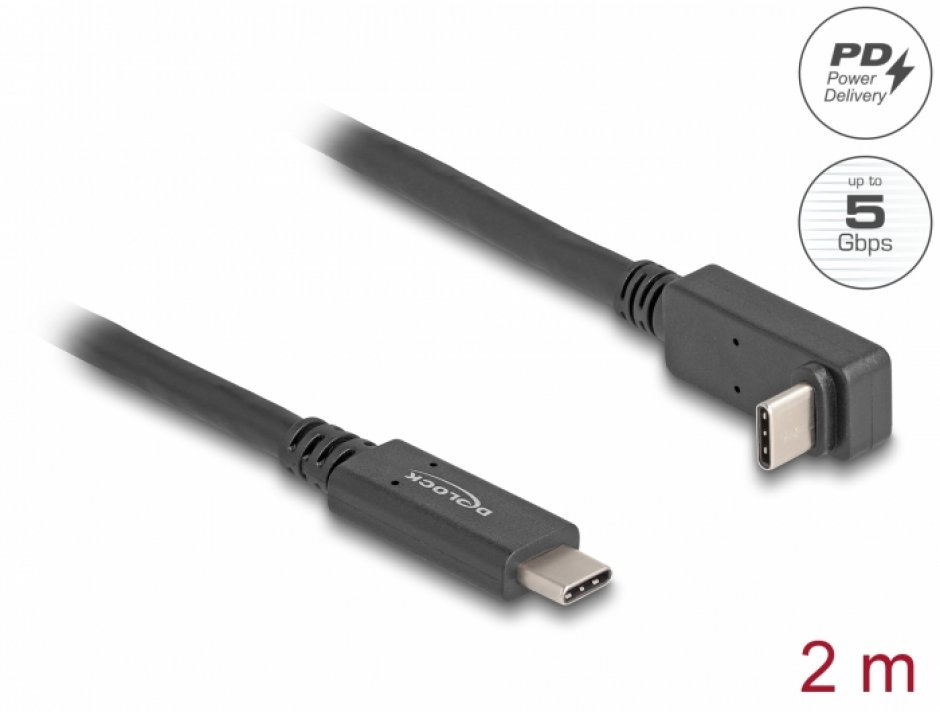 Imagine Cablu USB 3.2 Gen2 type C 4K60Hz/60W unghi sus/jos-drept E-Marker T-T 2m, Delock 80035