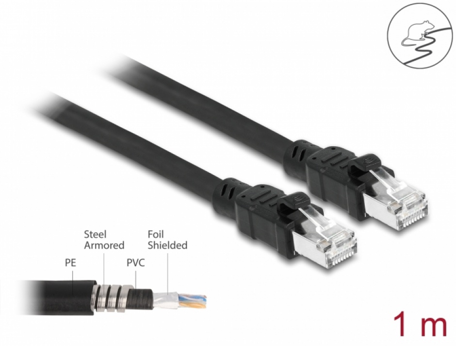 Imagine Cablu de retea RJ45 Cat.6A FTP cu manson metalic in interior 1m Negru, Delock 80113