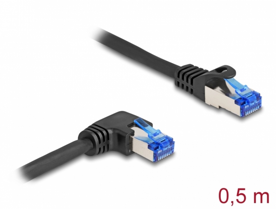 Imagine Cablu de retea RJ45 Cat.6A SFTP LSOH drept/unghi 90 grade dreapta 0.5m Negru, Delock 80221