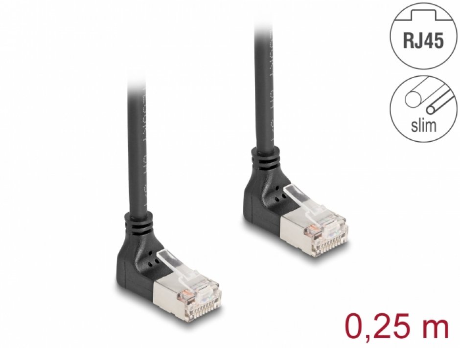 Imagine Cablu de retea RJ45 Cat.6A S/FTP Slim unghi 90 grade sus/sus 0.25m Negru, Delock 80279