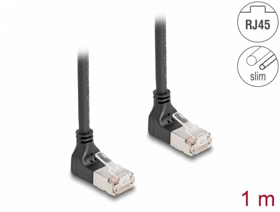 Imagine Cablu de retea RJ45 Cat.6A S/FTP Slim unghi 90 grade sus/sus 2m Negru, Delock 80282