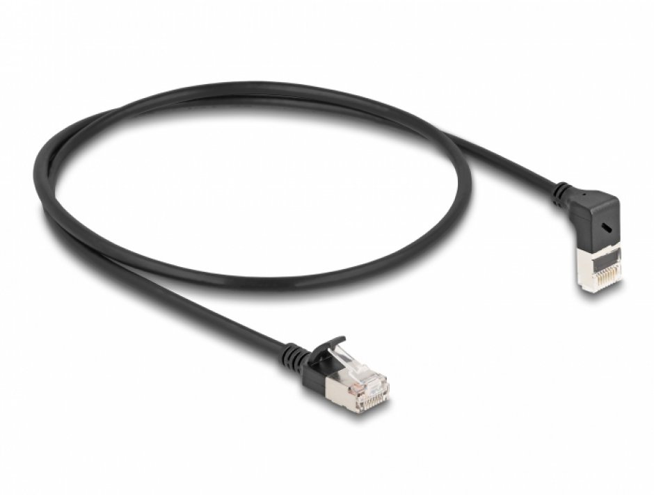 Imagine Cablu de retea RJ45 Cat.6A S/FTP Slim unghi 90 grade sus/drept 0.5m Negru, Delock 80286