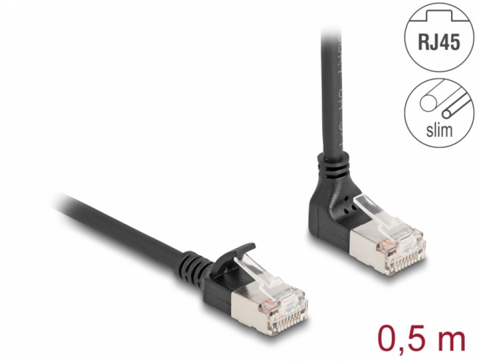 Imagine Cablu de retea RJ45 Cat.6A S/FTP Slim unghi 90 grade sus/drept 0.5m Negru, Delock 80286
