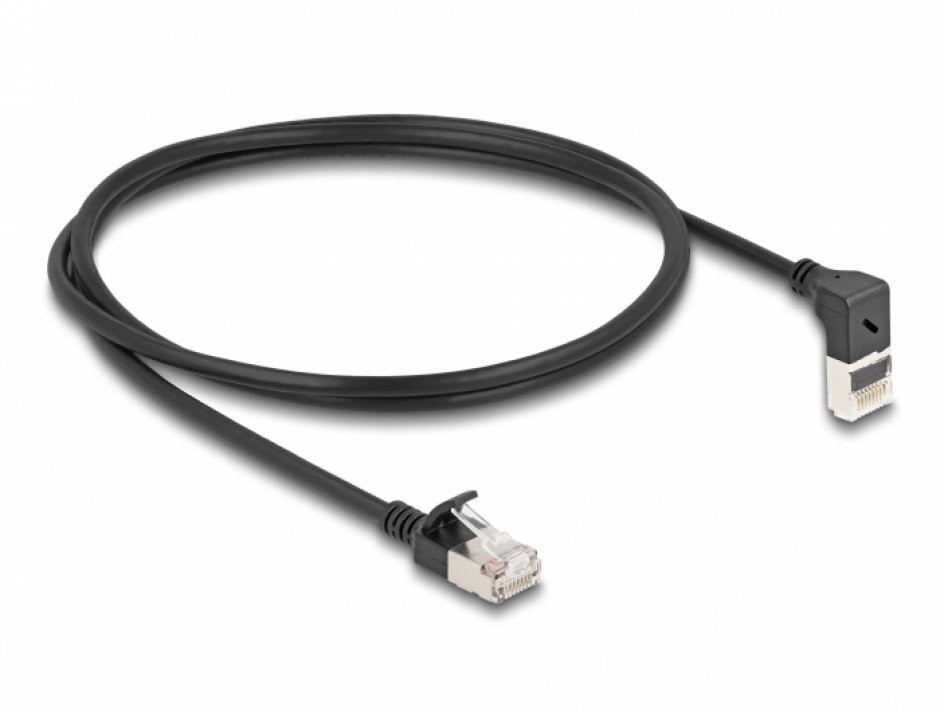 Imagine Cablu de retea RJ45 Cat.6A S/FTP Slim unghi 90 grade sus/drept 1m Negru, Delock 80287