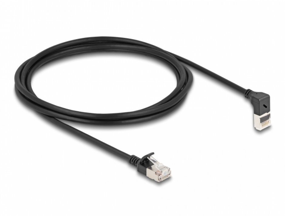Imagine Cablu de retea RJ45 Cat.6A S/FTP Slim unghi 90 grade sus/drept 3m Negru, Delock 80289
