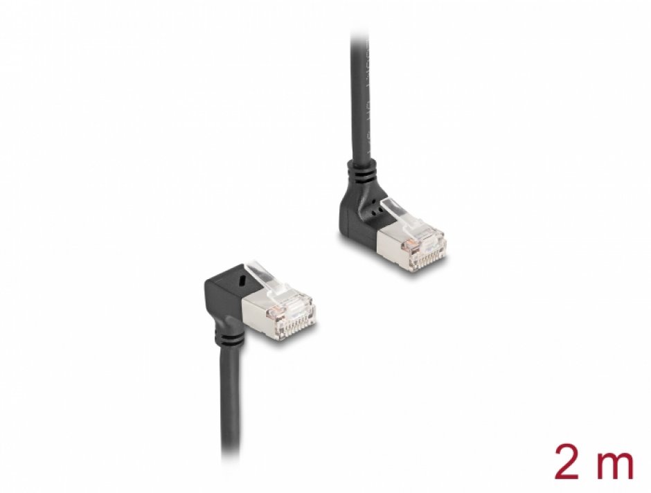 Imagine Cablu de retea RJ45 Cat.6A S/FTP Slim unghi 90 grade sus/jos 5m Negru, Delock 80296