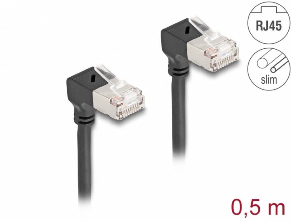 Imagine Cablu de retea RJ45 Cat.6A S/FTP Slim unghi 90 grade jos/jos 0.5m Negru, Delock 80298