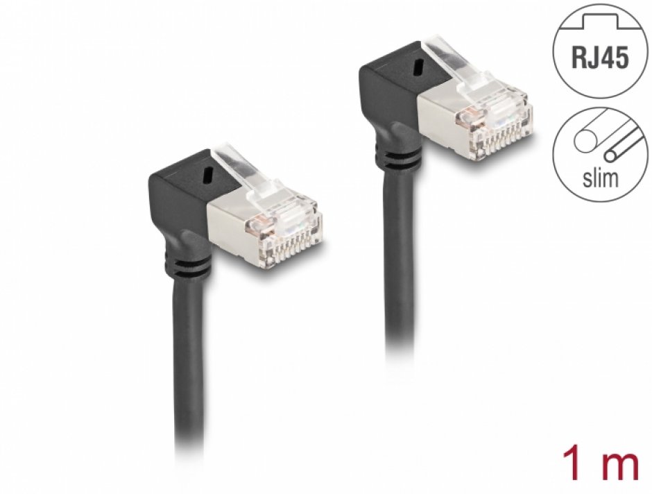 Imagine Cablu de retea RJ45 Cat.6A S/FTP Slim unghi 90 grade jos/jos 1m Negru, Delock 80299