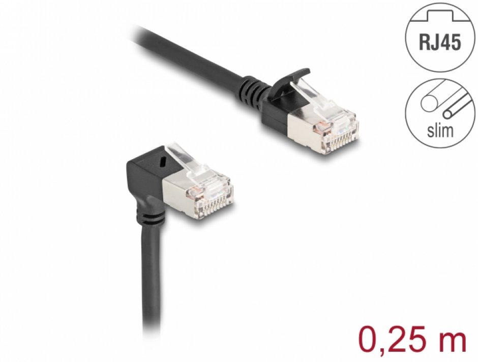 Imagine Cablu de retea RJ45 Cat.6A S/FTP Slim unghi 90 grade jos/drept 0.25m Negru, Delock 80303