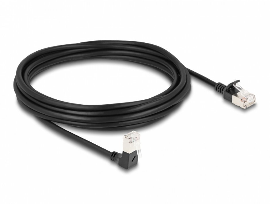 Imagine Cablu de retea RJ45 Cat.6A S/FTP Slim unghi 90 grade jos/drept 5m Negru, Delock 80308