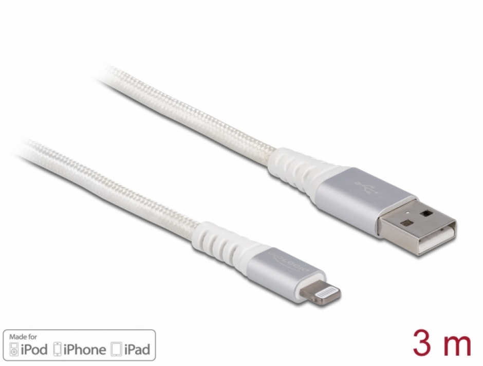 Imagine Cablu date + incarcare USB la Apple Lightning MFI 3m Alb, Delock 83003