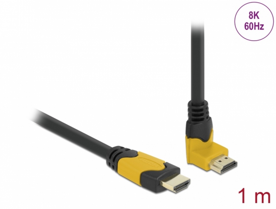 Imagine Cablu Ultra High Speed HDMI 8K60Hz/4K240Hz drept/unghi 90 grade sus T-T 1m Negru/Galben, Delock 86988
