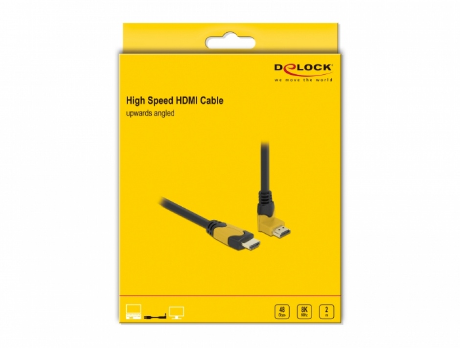 Imagine Cablu Ultra High Speed HDMI 8K60Hz/4K240Hz drept/unghi 90 grade sus T-T 2m Negru/Galben, Delock 8698