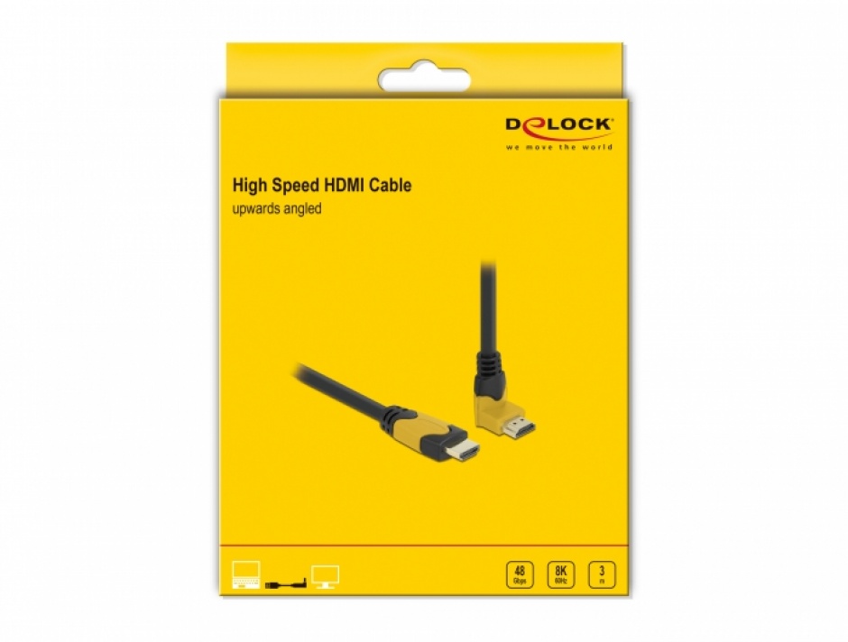 Imagine Cablu Ultra High Speed HDMI 8K60Hz/4K240Hz drept/unghi 90 grade sus T-T 3m Negru/Galben, Delock 8699