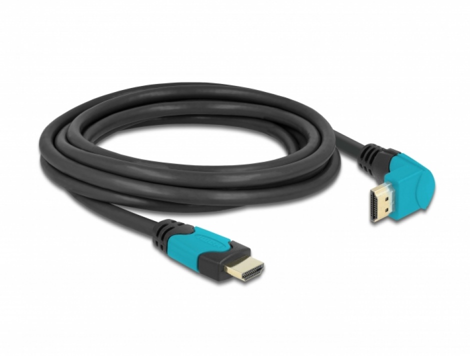 Imagine Cablu Ultra High Speed HDMI 8K60Hz/4K240Hz drept/unghi 90 grade jos T-T 3m Negru/Bleu, Delock 86993