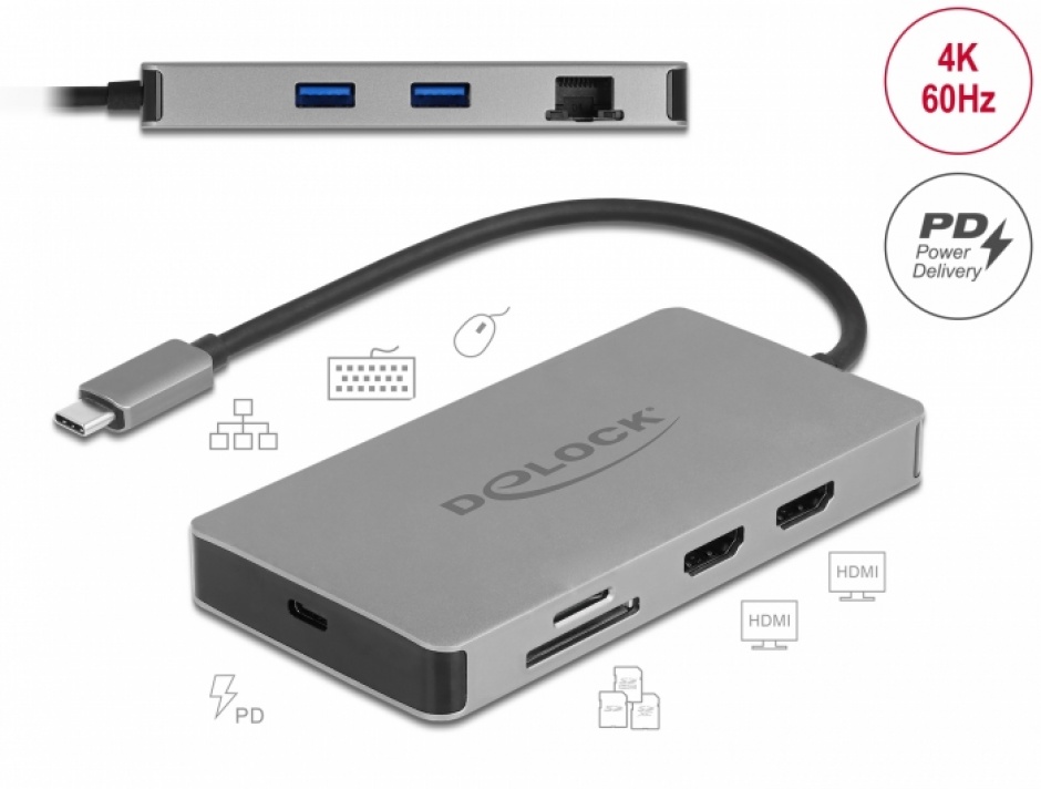Imagine Docking station USB type C la Dual HDMI MST 4K / USB 3.2 / SD / LAN / PD 3.0, Delock 87004