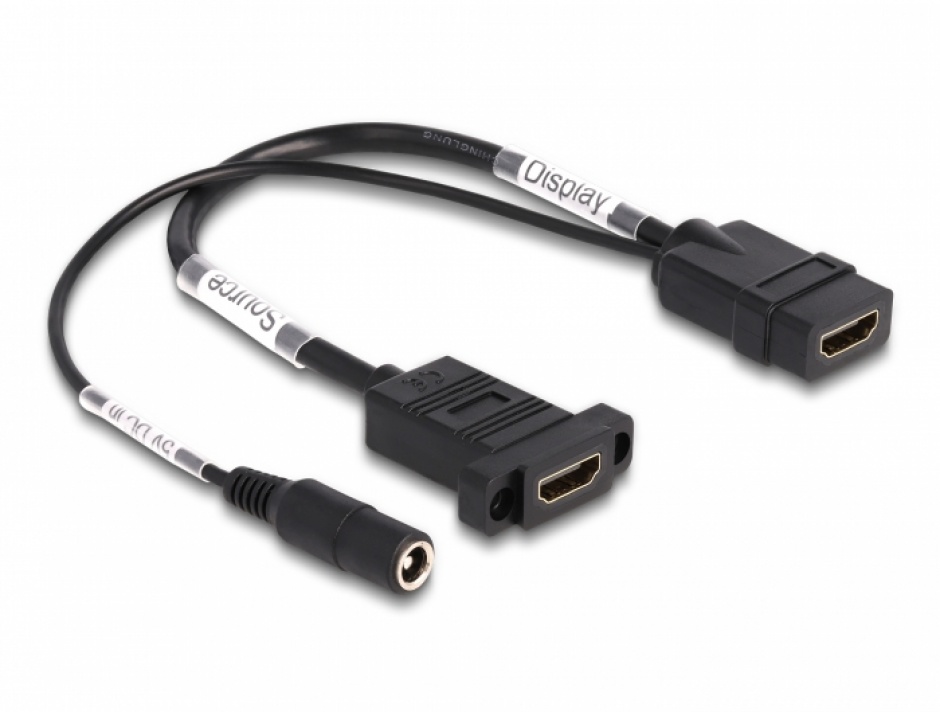 Imagine Cablu HDMI 4K60 Hz cu alimentare DC 2.1 x 5.5 mm M-M 0.30m panel-mount, Delock 87038