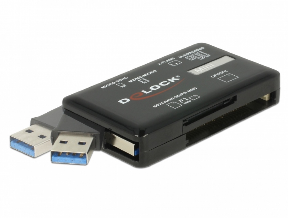 Imagine Cititor de carduri USB 3.2 Gen1-A pentru carduri de memorie CF / SD / Micro SD / MS / M2 / xD, Delock 91758