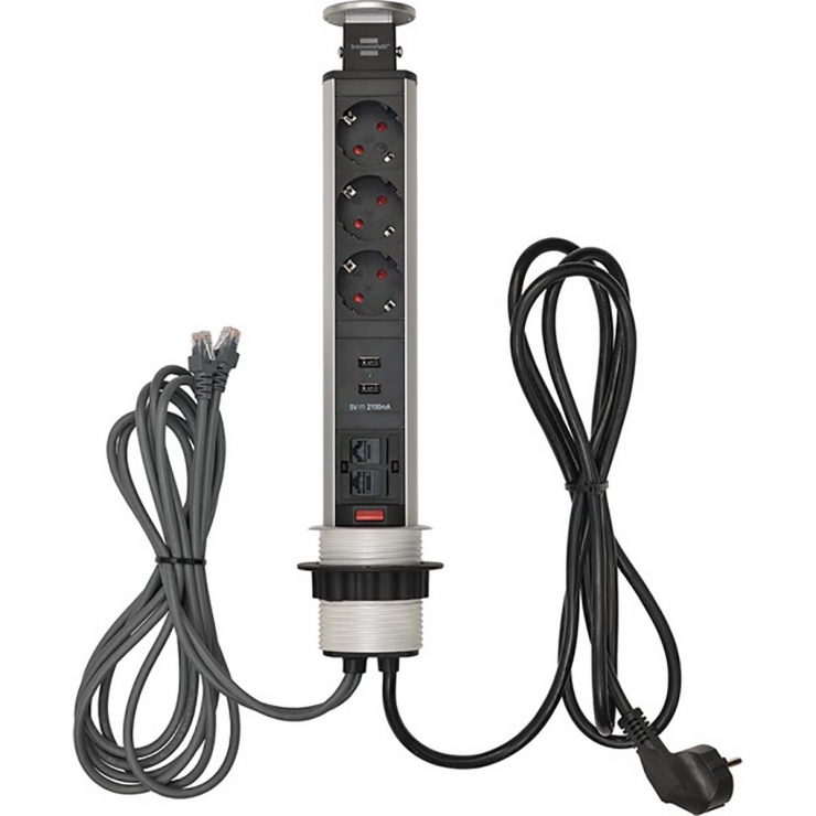 Imagine Priza turn cu 3 x Schuko/ 2 x USB 2.1A / 2 x RJ45 2m Aluminiu, BN-1396200023