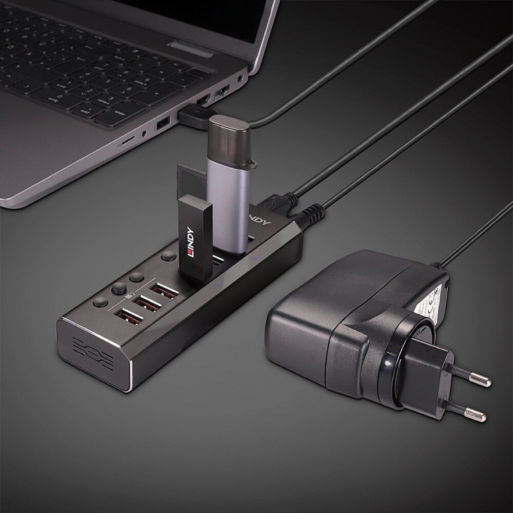 Imagine HUB USB 3.2 Gen1-A la 4 x USB-A + 3 x USB-A Fast Charging cu switch On/Off, Lindy L43371