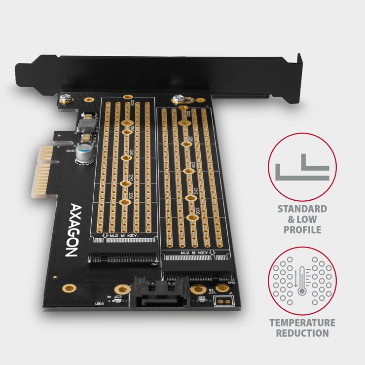 Imagine PCI Express la 2 x M.2 NVMe PCIe + SATA, Axagon PCEM2-DC