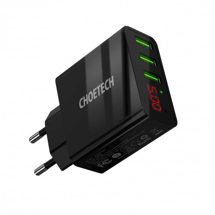 Imagine Incarcator priza 3 x USB-A 3A cu afisaj digital, Choetech C0027