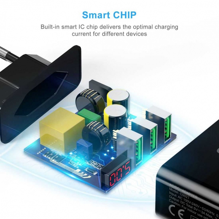 Imagine Incarcator priza 3 x USB-A 3A cu afisaj digital, Choetech C0027