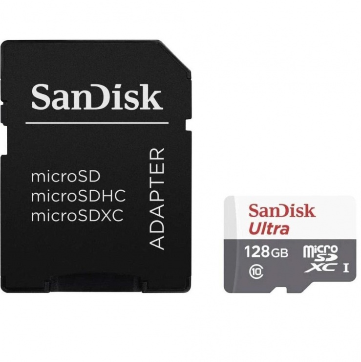 Imagine Card de memorie micro SDXC 128Gb clasa 10 + adaptor SD, Sandisk SDSQUNR-128G-GN6TA