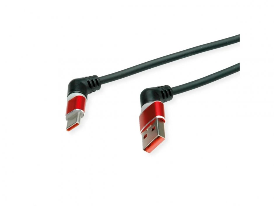 Imagine Cablu USB 2.0-A la USB type C unghi/unghi T-T 60W 1m Rosu/Negru, Roline 11.02.8345