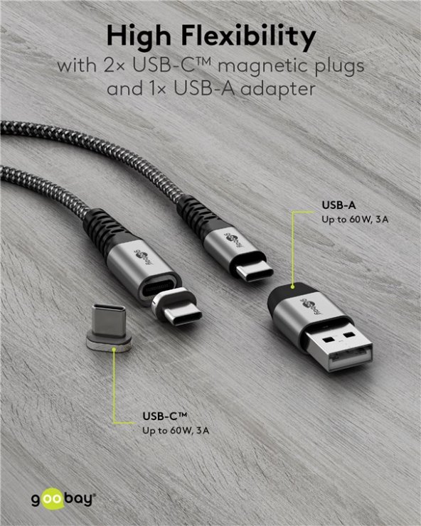 Imagine Cablu USB type C + adaptor USB-A la conector magnetic USB type C 1m brodat, Goobay G65653