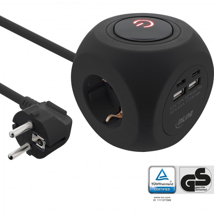 Imagine Prelungitor cu 3 prize + 2 x USB-C + 2 x USB-A 2m Negru, InLine IL16499B