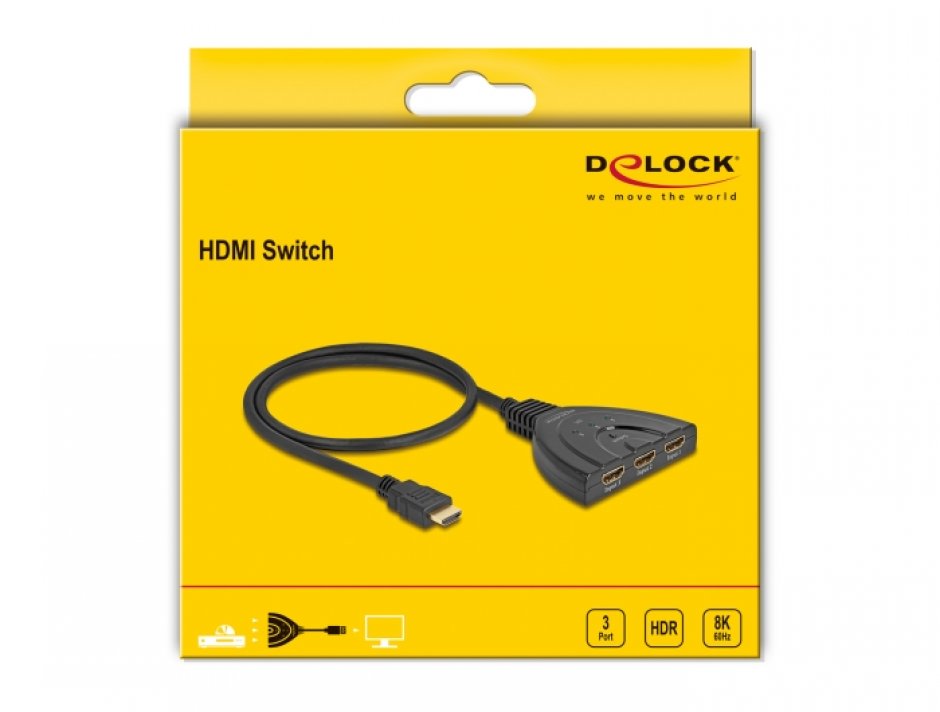 Imagine Switch HDMI cu 3 porturi 8K60Hz/4K144Hz + cablu integrat 60cm, Delock 18649