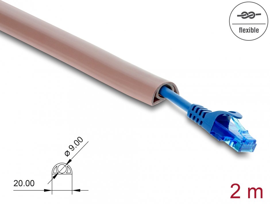 Imagine Canal cablu flexibil PVC cu adeziv 20x10 mm - lungime 2m Maro, Delock 20762