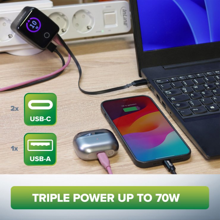Imagine Incarcator priza USB-C PD + USB-A QC 70W + cablu 60cm, InLine IL31507R