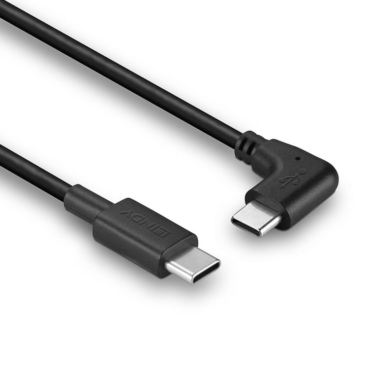 Imagine Cablu USB type C 2.0 drept/unghi 90 grade T-T 0.5m Negru, Lindy L32004