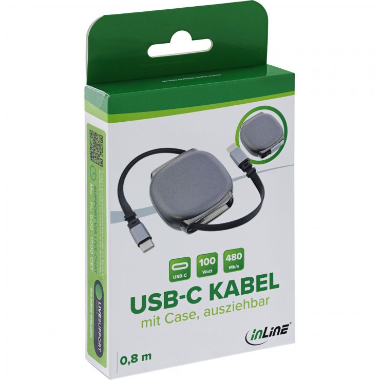 Imagine Cablu USB type C la USB type C 100W 0.8m retractabil, InLine IL35850