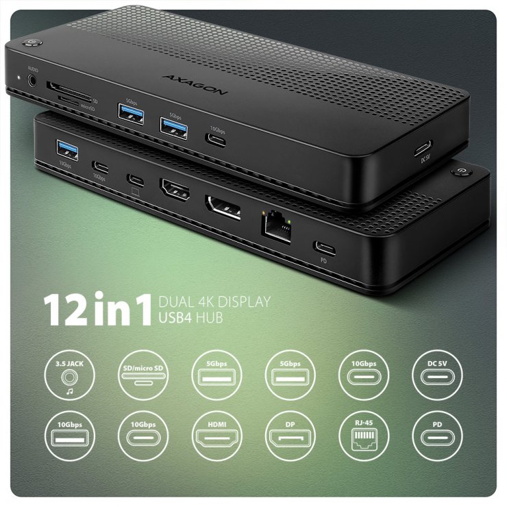 Imagine Docking station USB4 type C la HDMI/Displayport 8K60Hz + 3 x USB-A + 2 x USB-C + Gigabit PD 100W, Axagon HMC-U4
