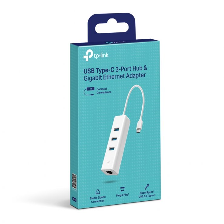 Imagine HUB USB type C la 3 porturi USB 3.0 & port Gigabit Ethernet, TP-LINK UE330C