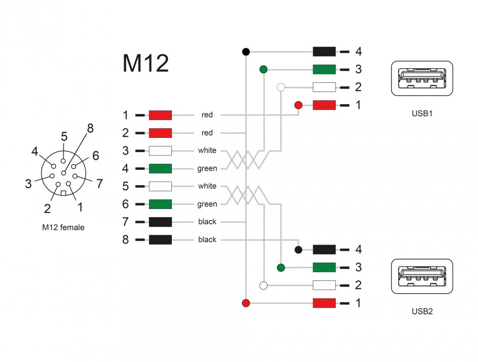 Imagine Cablu M12 A-coded 8 pini la 2 x USB 2.0-A M-M 3m, Delock 60651
