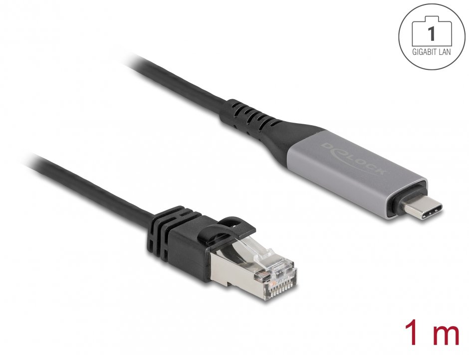 Imagine Cablu de retea USB Type C la RJ45 Gigabit LAN 1m, Delock 60759