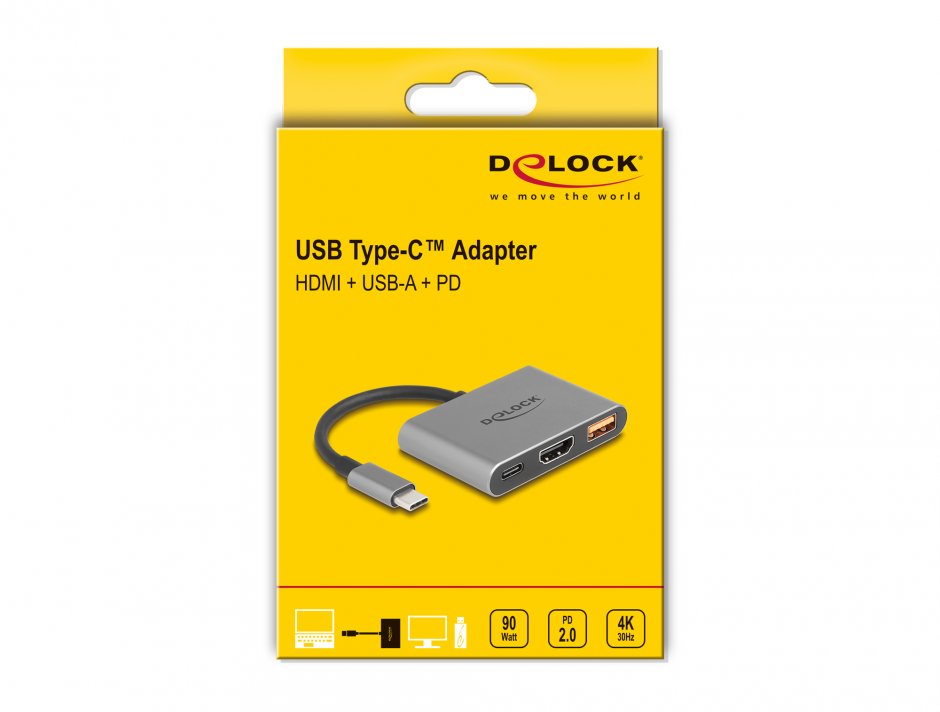 Imagine Adaptor USB type C la HDMI 4K30Hz + USB-A + USB Type C PD 90W, Delock 61071