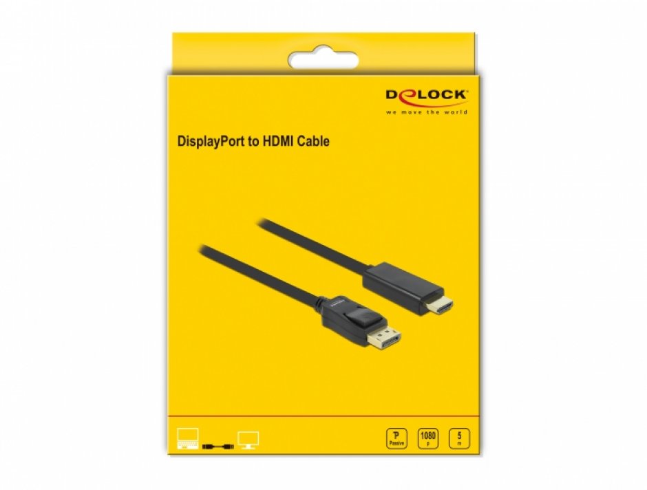 Imagine Cablu Displayport la HDMI T-T ecranat Pasiv 5m Negru, Delock 82441