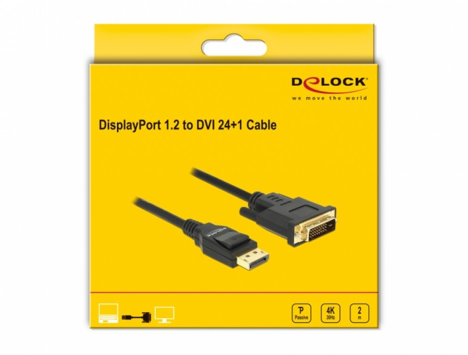 Imagine Cablu Displayport 1.2 la DVI 24+1 pini 4K30Hz T-T pasiv 2m negru, Delock 85313