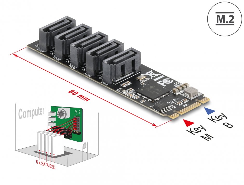 Imagine Adaptor M.2 2280 Key B+M la 5 x SATA, Delock 64241